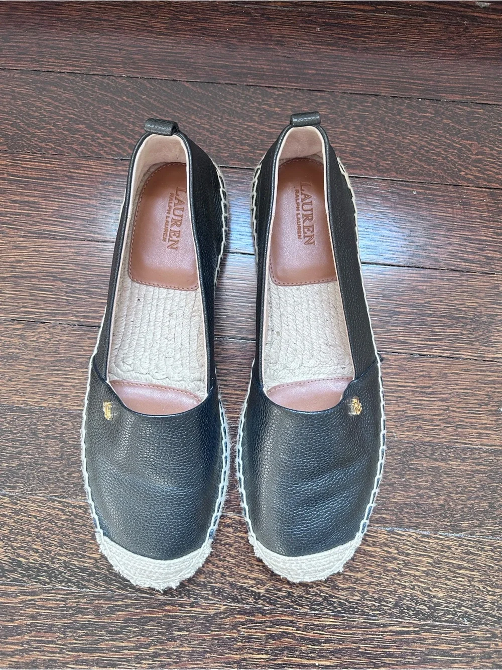 Ralph Lauren Espadrille Flats Black Leather Size 8.5